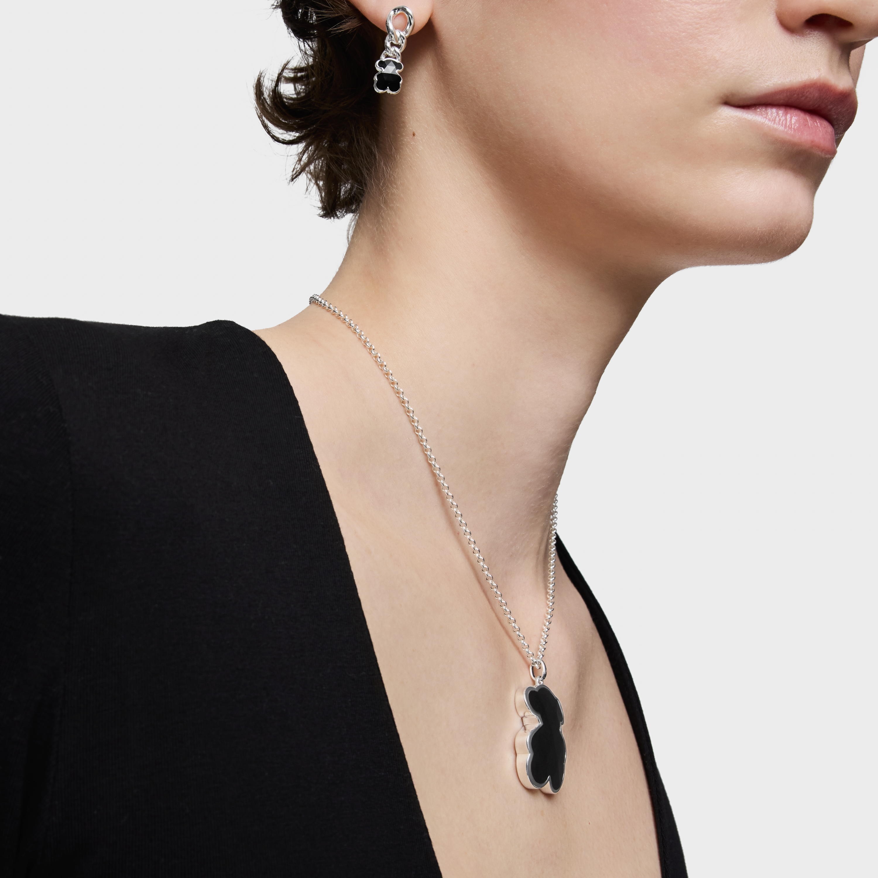 Large silver Pendant with onyx bear motif TOUS Icon Color