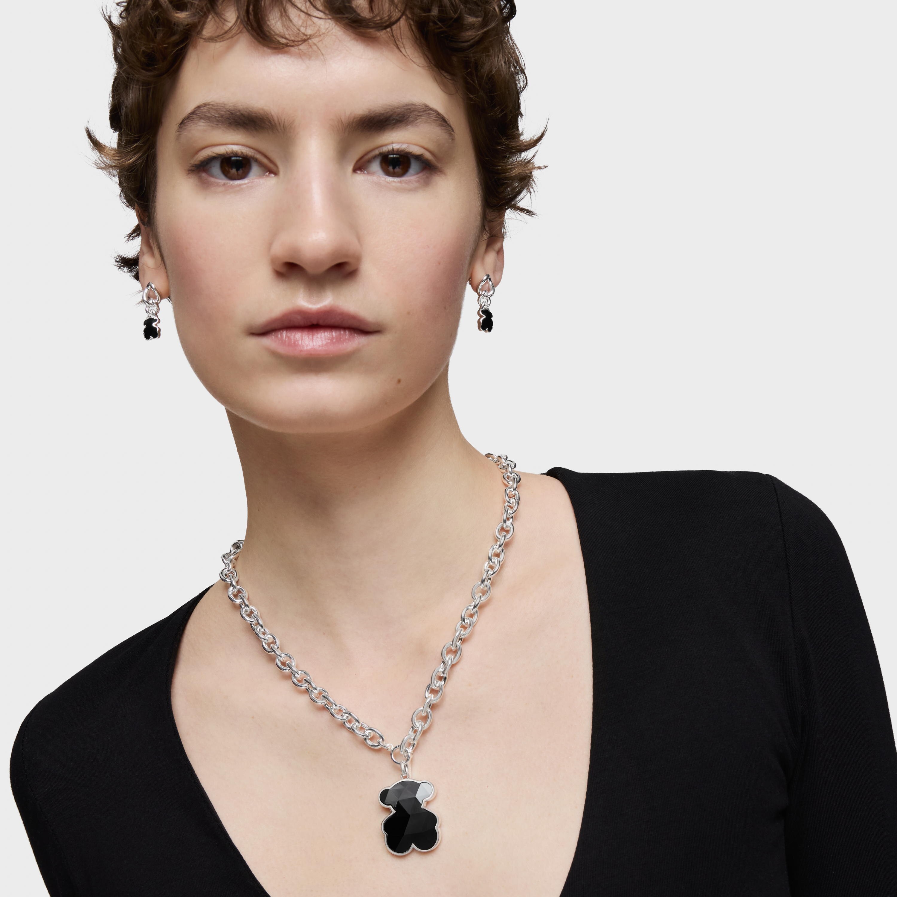 Large silver Pendant with onyx bear motif TOUS Icon Color