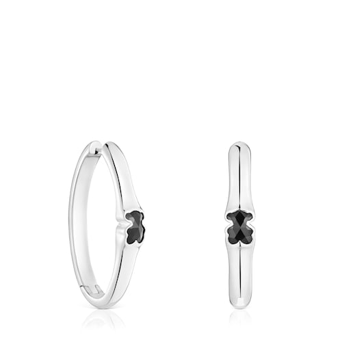 Pendientes de aro de plata y motivo oso en ónix 38 mm Icon Color