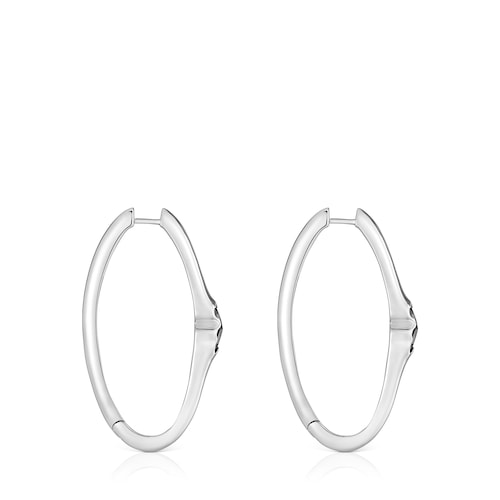 Pendientes de aro de plata y motivo oso en ónix 38 mm Icon Color
