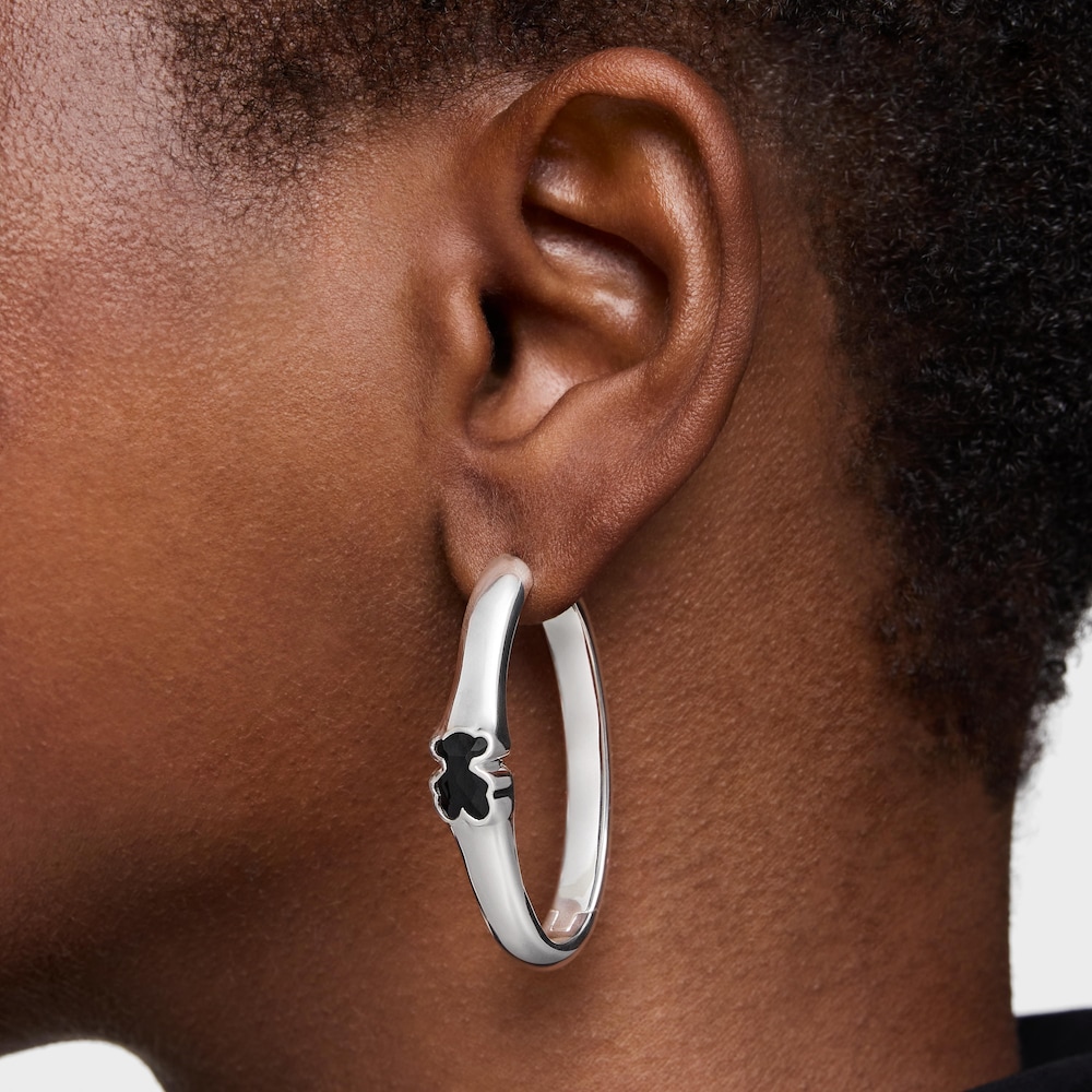 38 mm silver Hoop earrings with onyx bear motif TOUS Icon Color