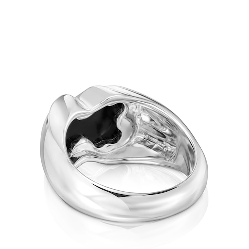 Medium silver Ring with bear motif in onyx TOUS Icon Color
