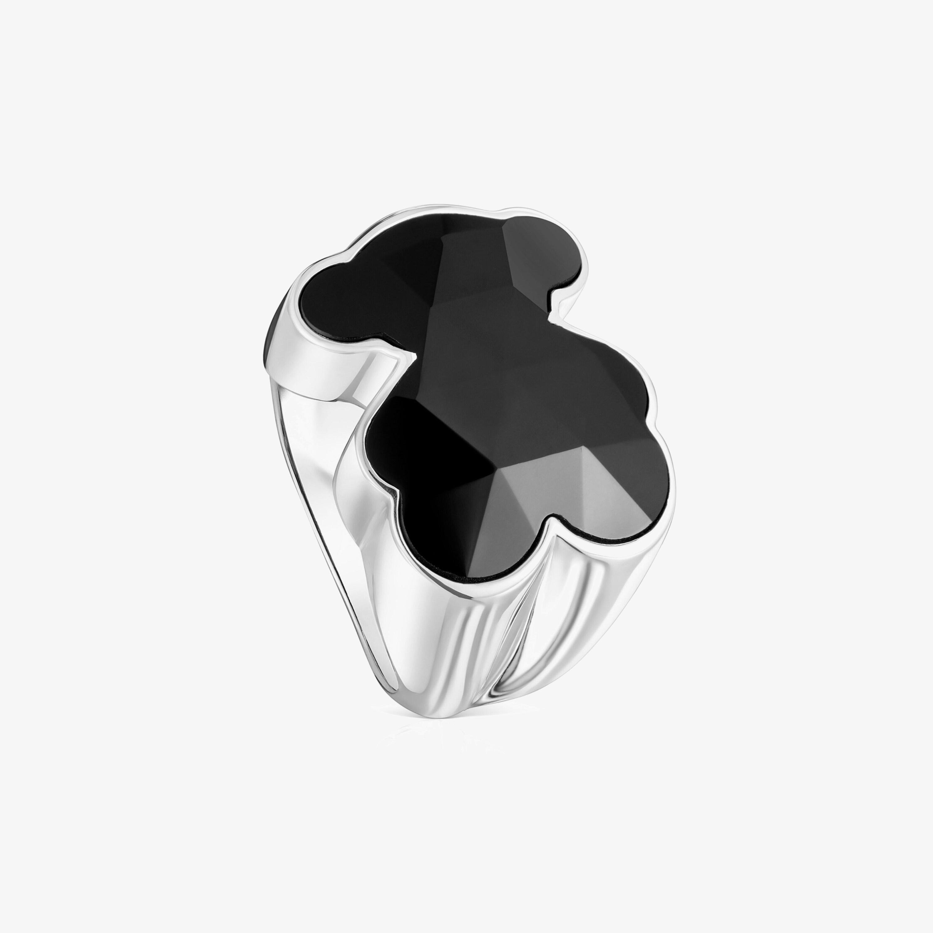 Silver Signet ring with bear motif onyx TOUS Icon Color