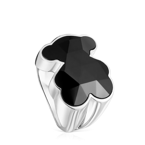 Anillo sello de plata y motivo oso en ónix Icon Color