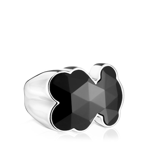 Anillo sello de plata y motivo oso en ónix Icon Color