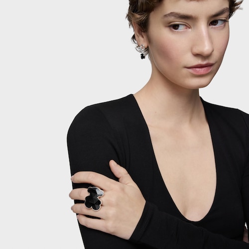 Large silver Signet ring with bear motif in onyx TOUS Icon Color