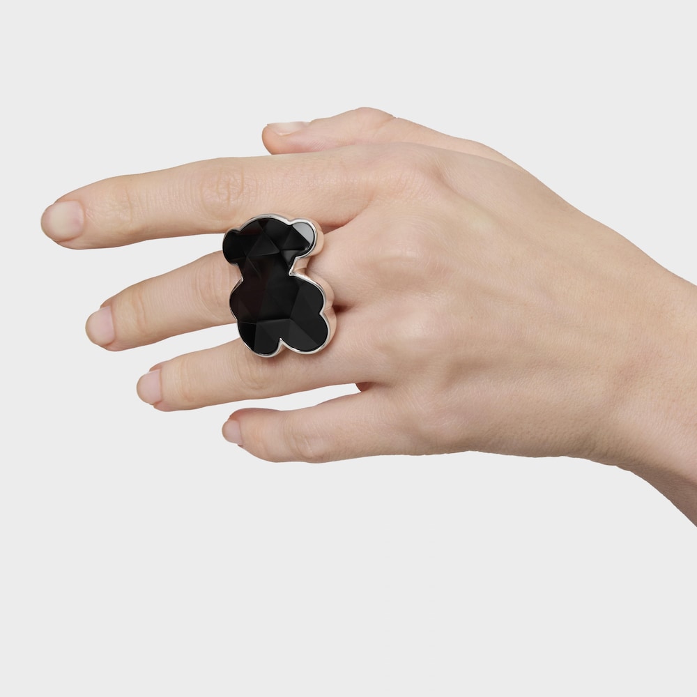 Veľk&yacute; strieborn&yacute; Pečatn&yacute; prsteň s&nbsp;mot&iacute;vom medved&iacute;ka z&nbsp;&oacute;nyxu TOUS Icon Color