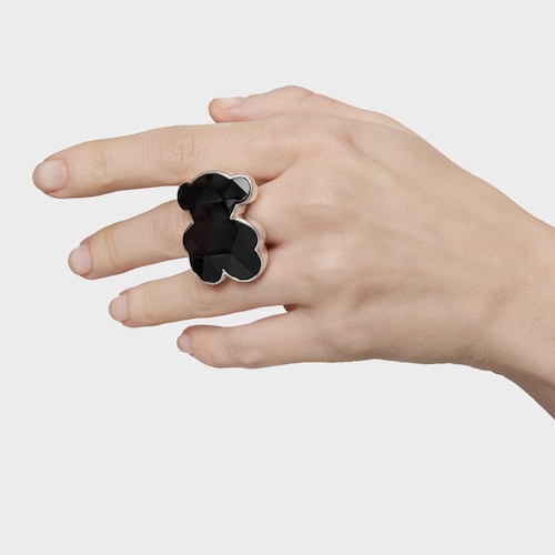 Large silver Signet ring with bear motif in onyx TOUS Icon Color