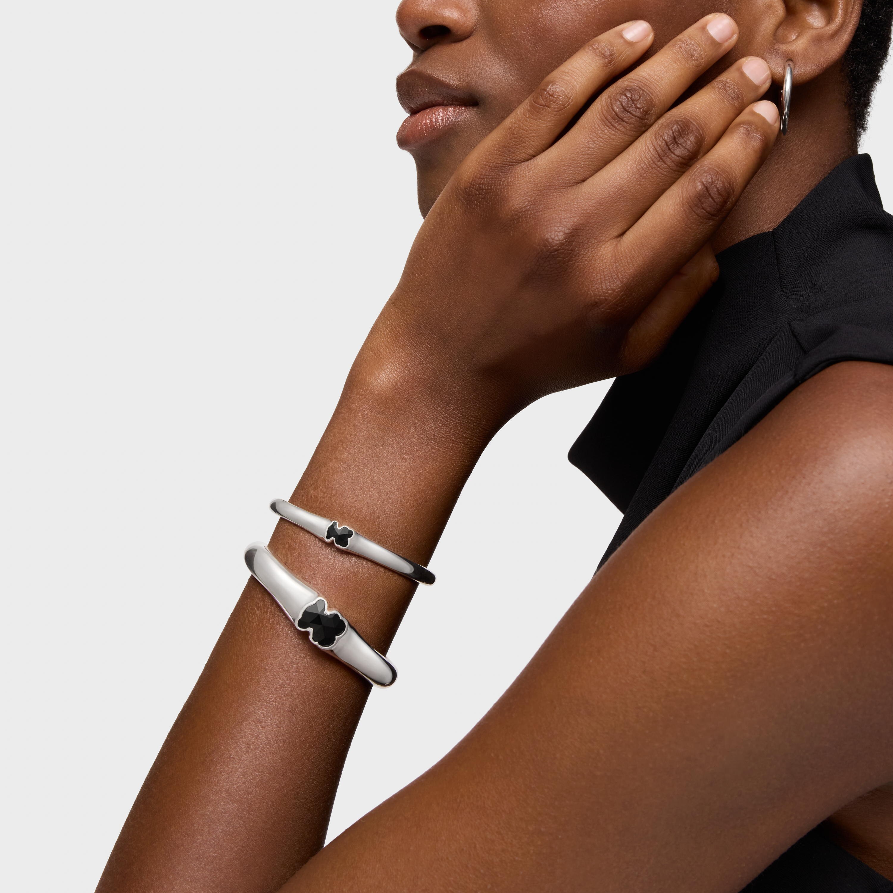 Silver Bangle with 16mm bear motif onyx TOUS Icon Color