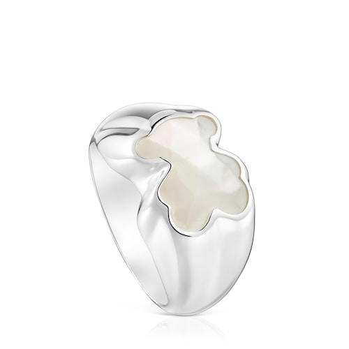 Anillo mediano de plata y motivo oso en nácar Icon Color