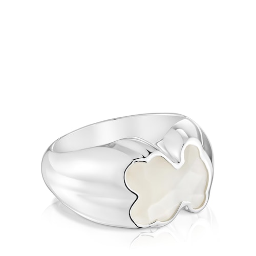 Anillo mediano de plata y motivo oso en nácar Icon Color