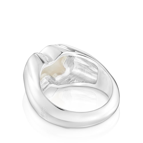 Anillo mediano de plata y motivo oso en nácar Icon Color