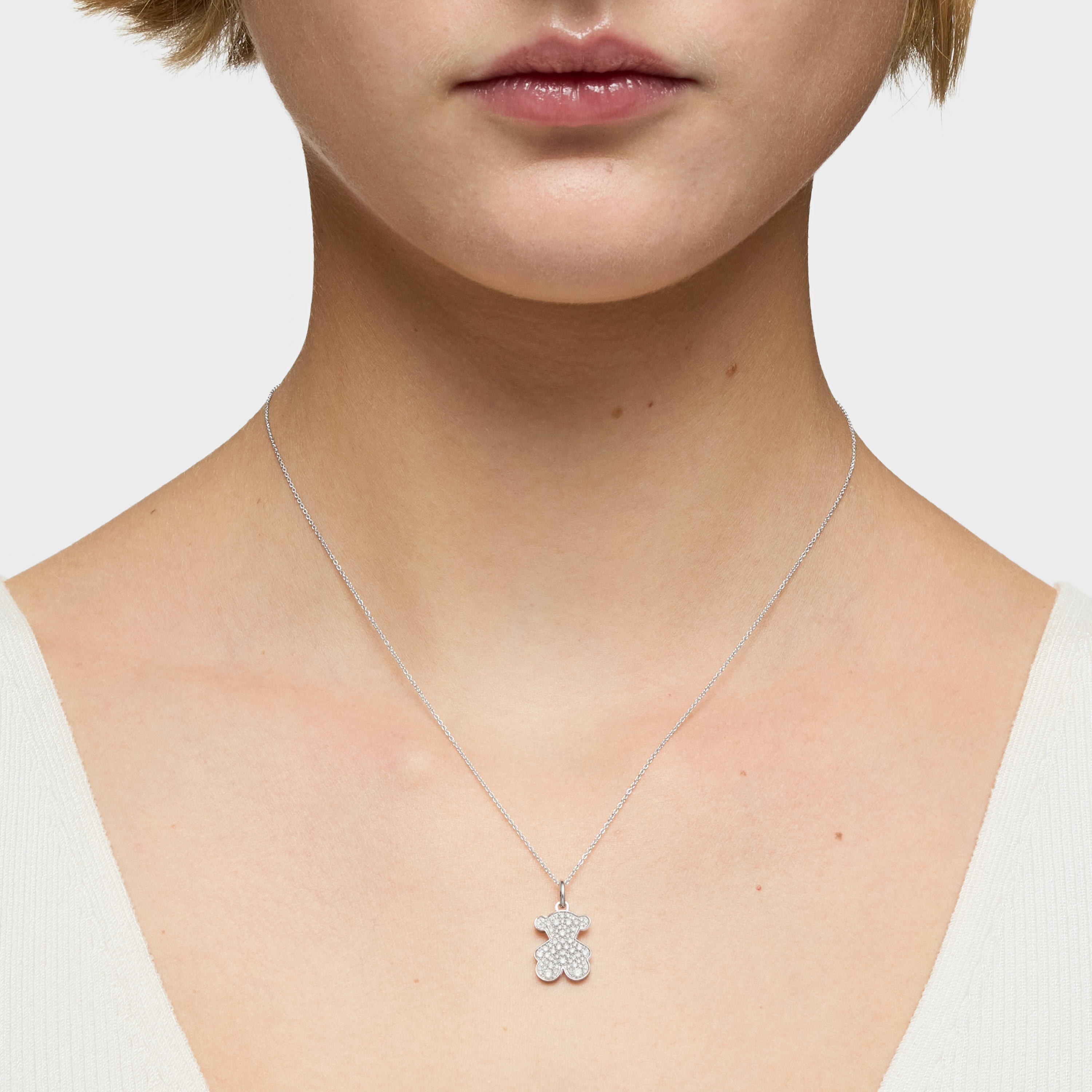 Short 16 mm 18K white gold bear necklace with diamonds Icon Gems