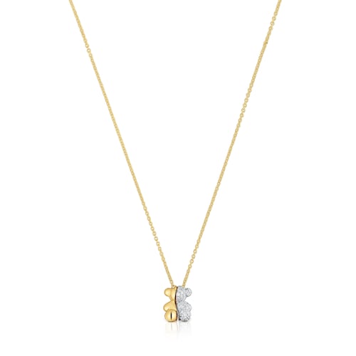 Collar corto doble oso pequeño de oro y oro blanco con diamantes Bold Bear