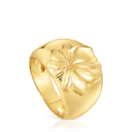 Anillo sello con baño de oro 18 kt sobre plata motivo Yagrumo