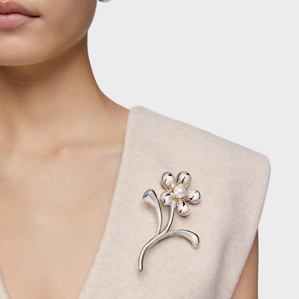 Two-tone flower Brooch with cultured pearl Daisy image number 5