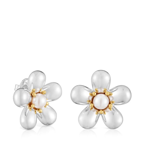 Two-tone flower Earrings with 27 mm cultured pearls Daisy