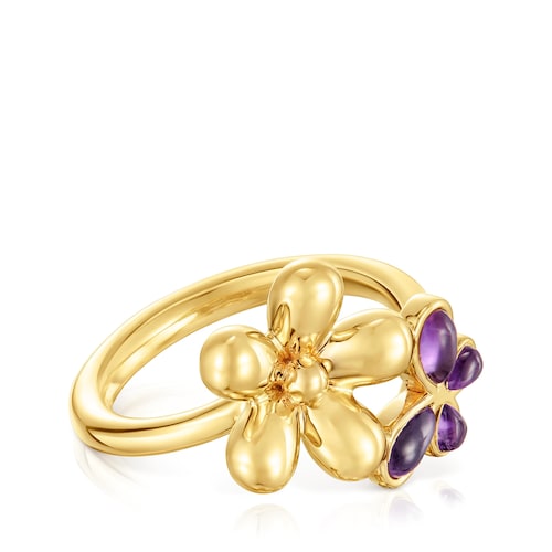 Ring with 18kt gold plating over silver and amethyst Daisy