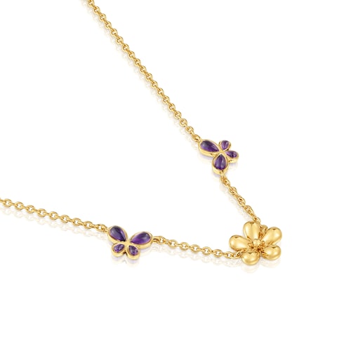 Short Necklace with 18kt gold plating over silver and amethyst Daisy