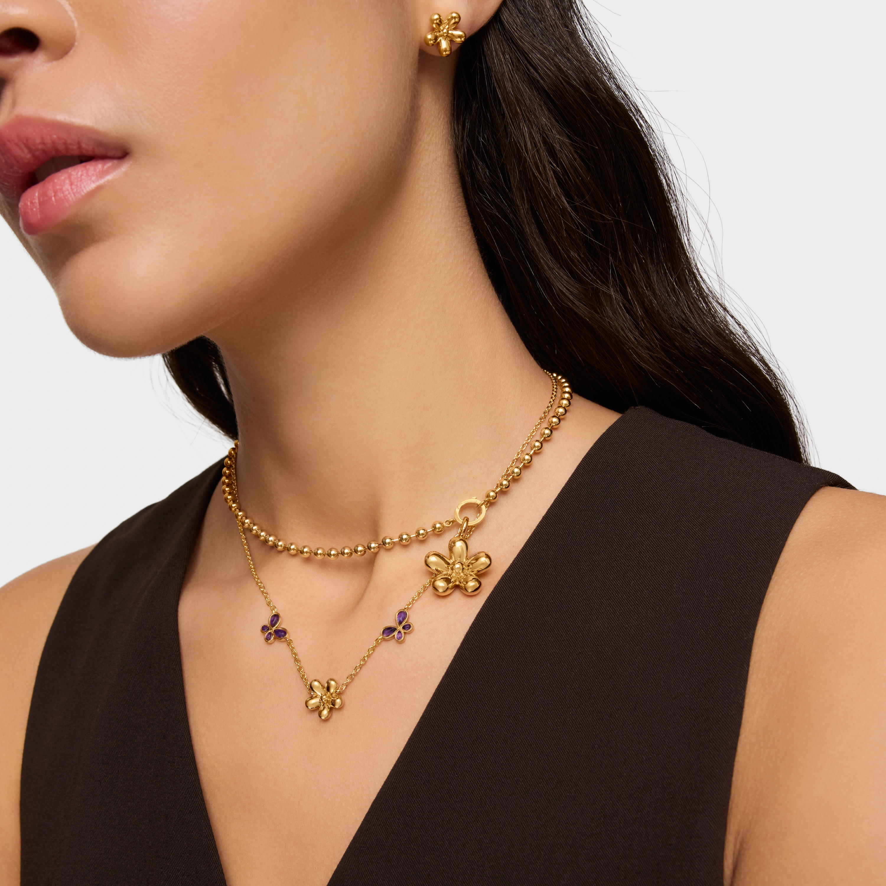 Short Necklace with 18K gold vermeil and amethyst Daisy