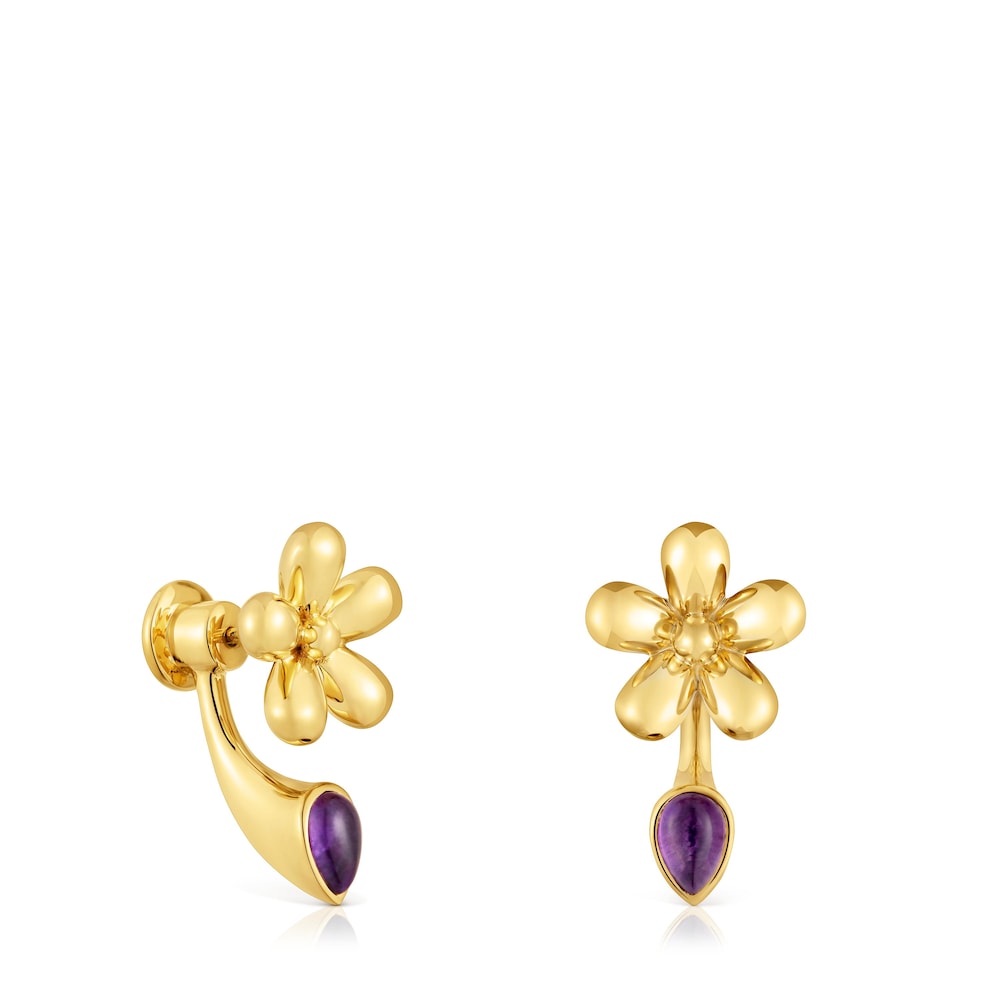 Pendientes flor con baño de oro de 18 kt sobre plata y amatista Daisy image number 0