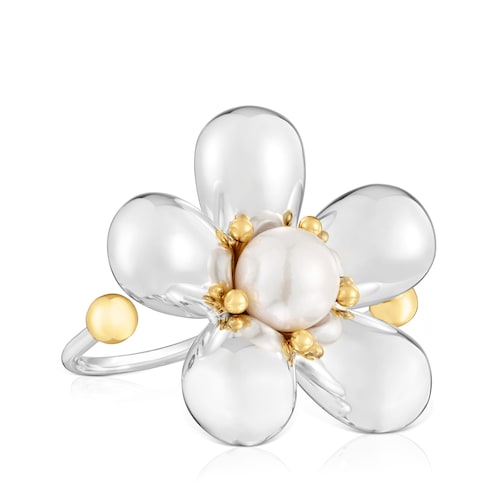 Doppio anello bicolore con perla coltivata Daisy