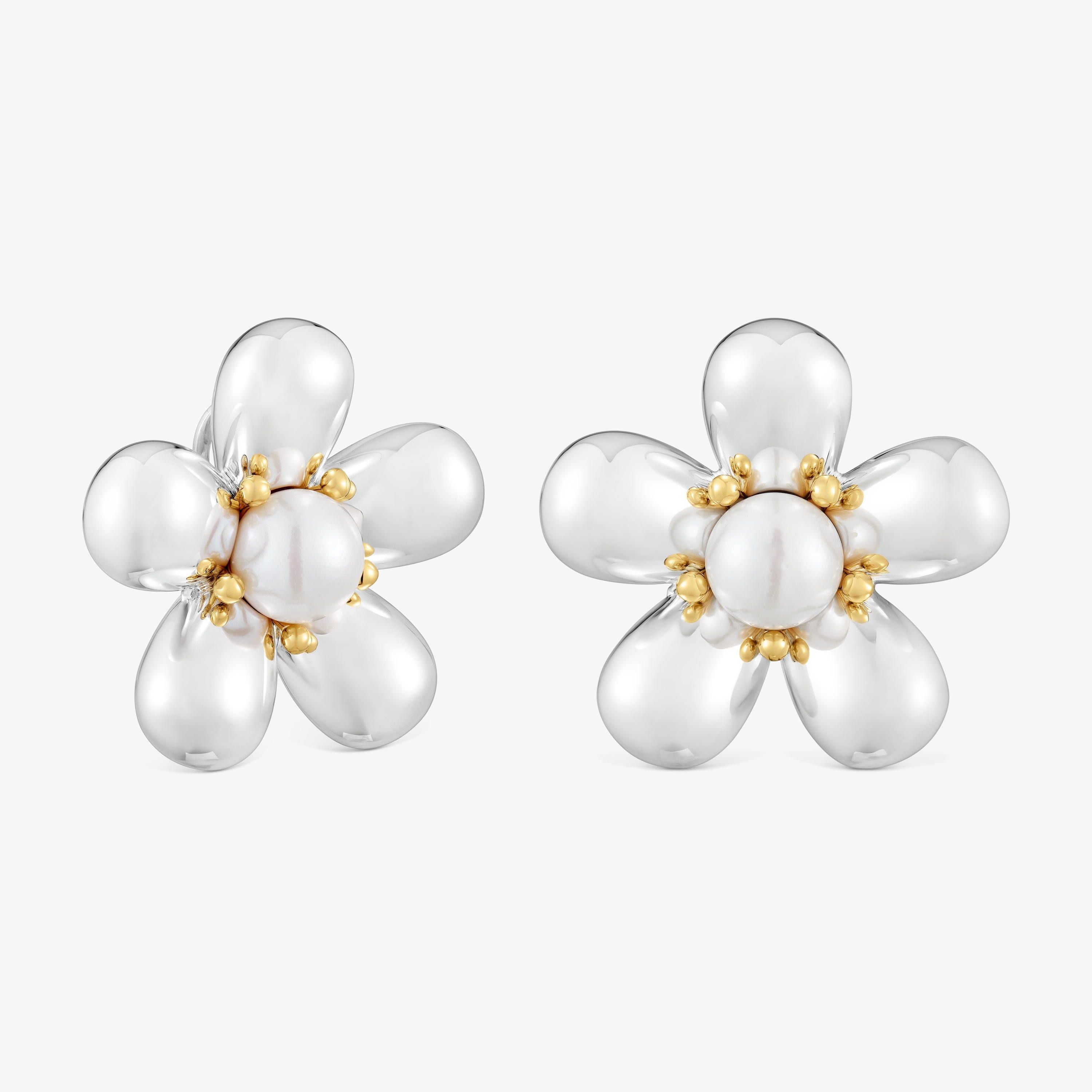 ★daisy★❤️ 14kgf ピアス 36 mmの養殖パールを添えたツートーンのフラワーピアス Daisy | TOUS