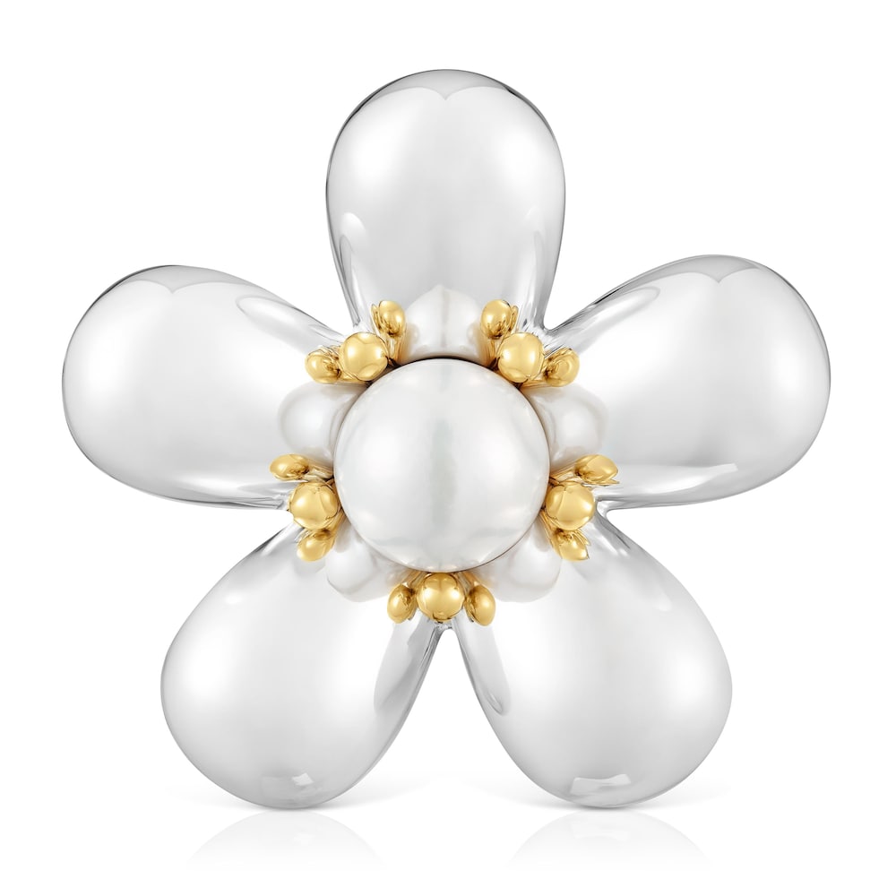 Broche flor bicolor y perla cultivada 44 mm Daisy image number 0