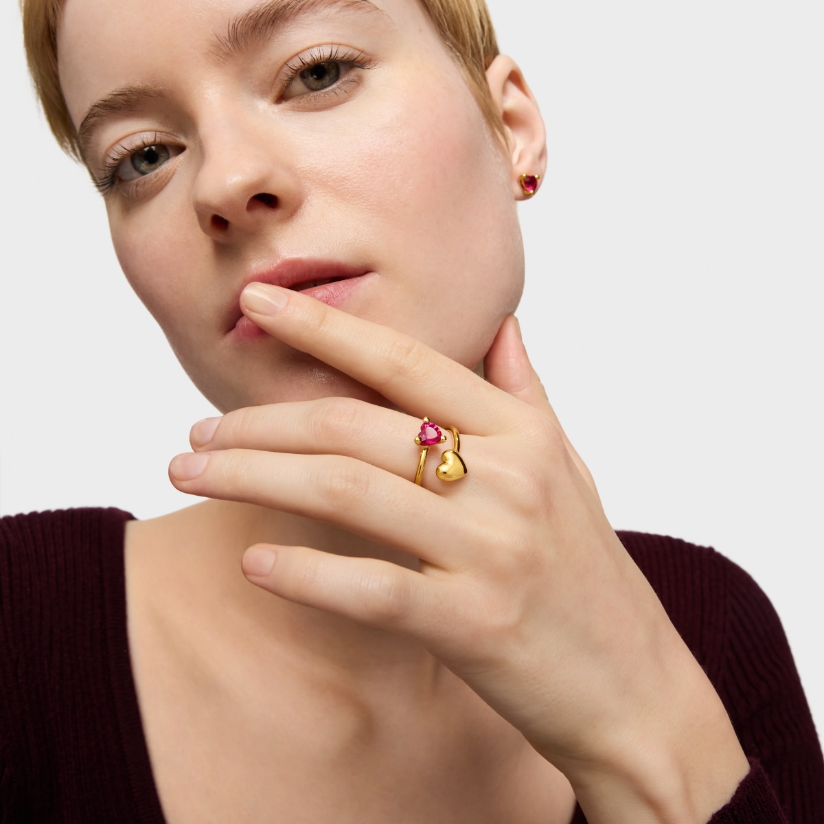 18kt gold plating over silver open Ring with lab-grown ruby Garden of Love LGG