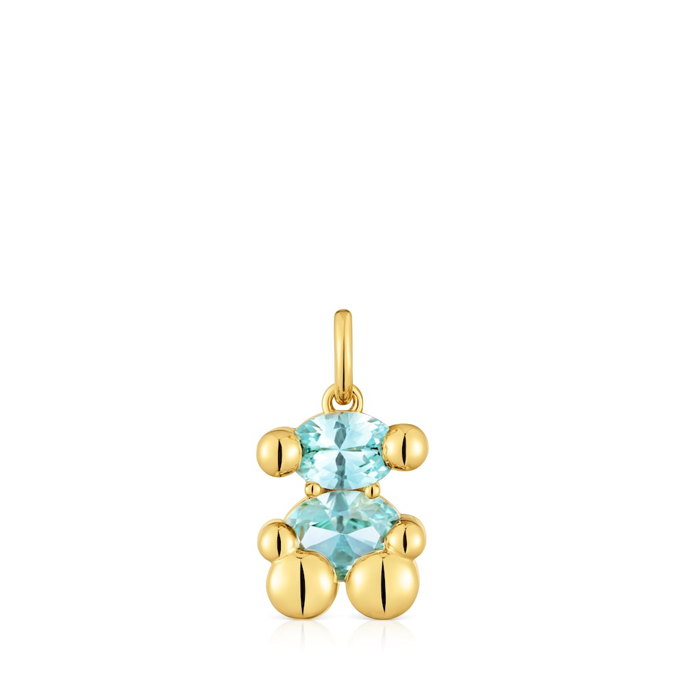 Small 18kt gold plating over silver bear motif Pendant and blue lab-grown sapphire Color Bear LGG