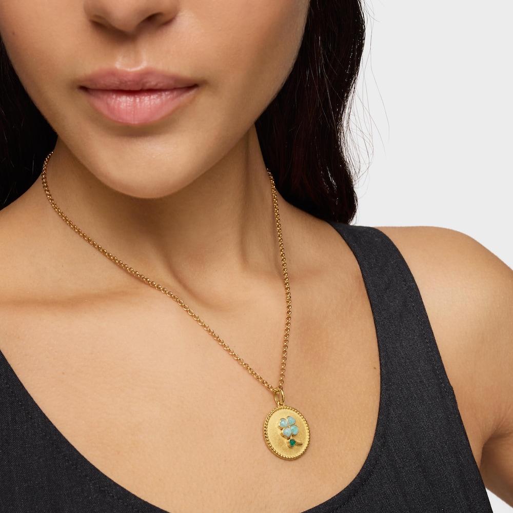 Pingente medalha banhado a ouro de 18 K sobre prata e pedras preciosas Daisy