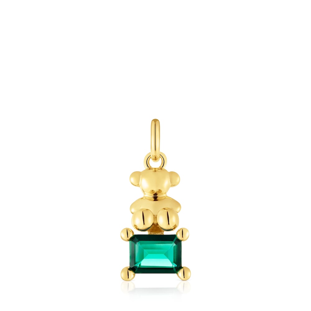 Small 18kt gold plating over silver bear motif Pendant with lab-grown green emerald Bold Bear LGG