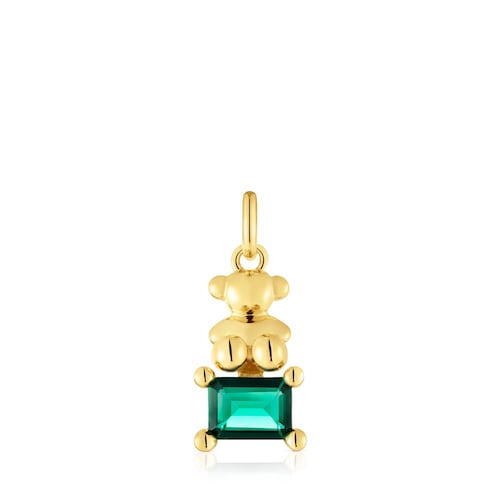 Small 18kt gold plating over silver bear motif Pendant with lab-grown green emerald Bold Bear LGG