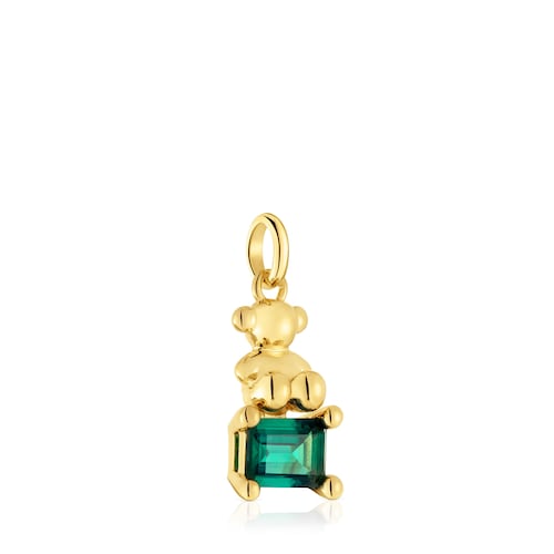 Small 18kt gold plating over silver bear motif Pendant with lab-grown green emerald Bold Bear LGG