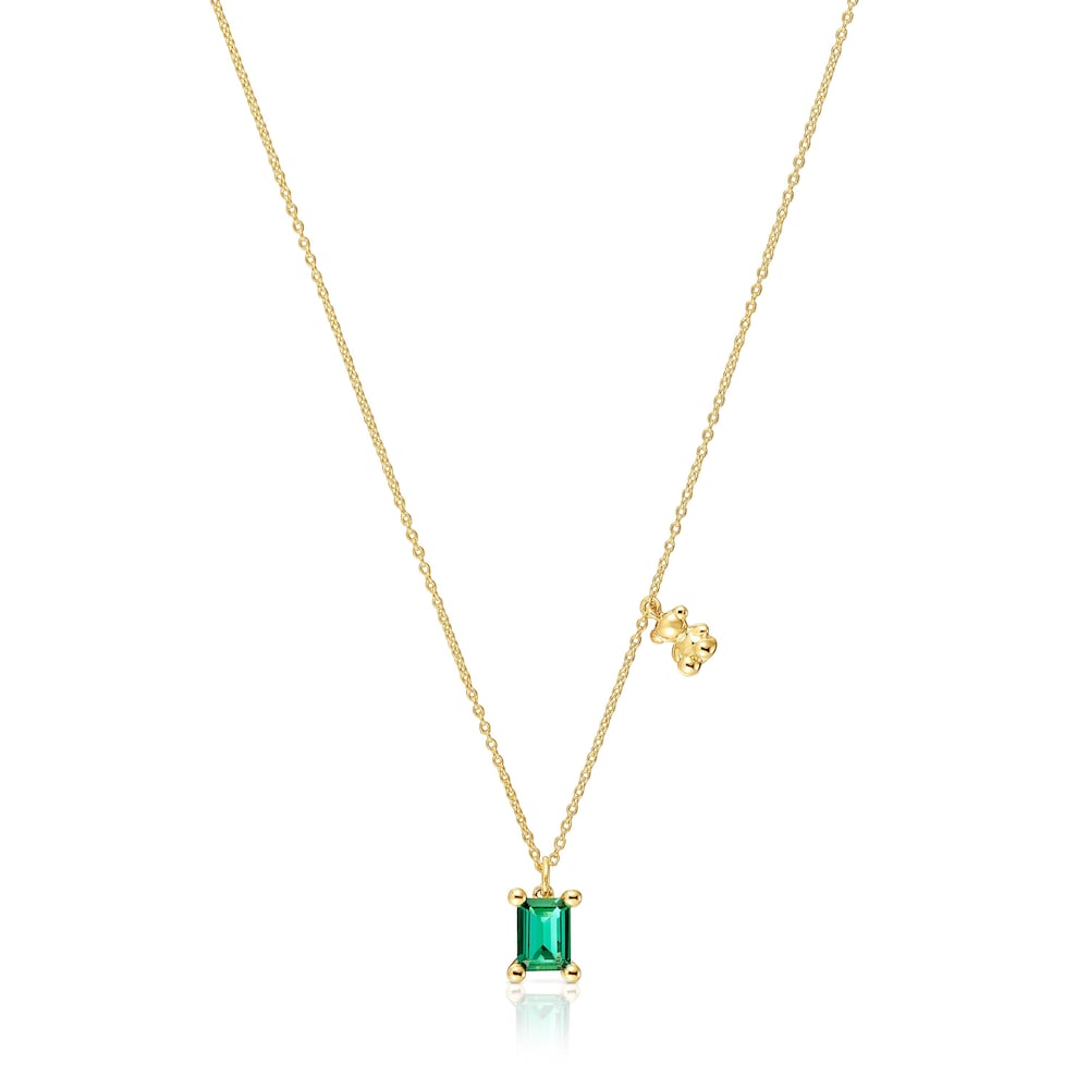 Short 18kt gold plating over silver bear motif Necklace with lab-grown emerald Bold Bear LGG image number 0
