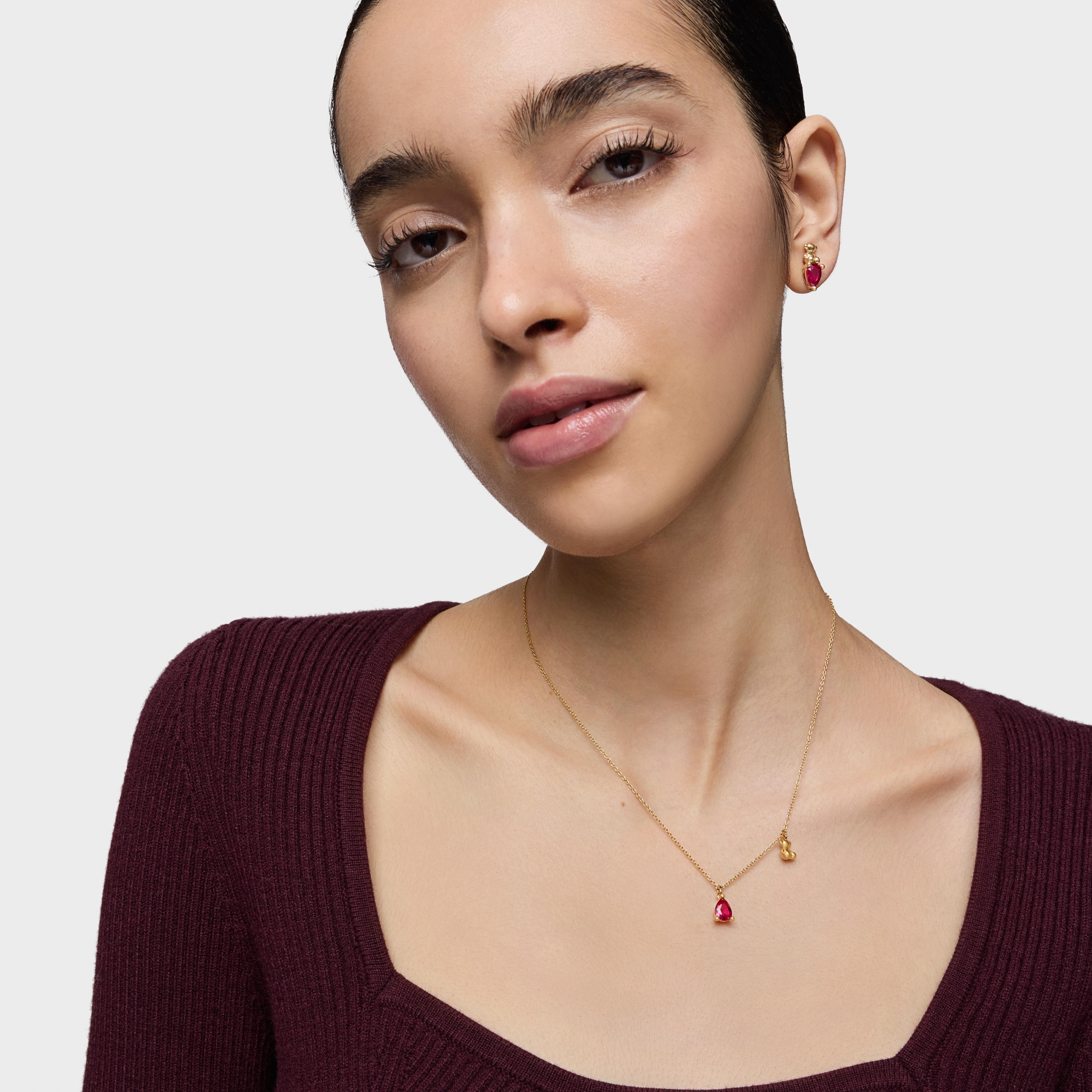 Short 18kt gold plating over silver bear motif Necklace with lab-grown ruby Bold Bear LGG