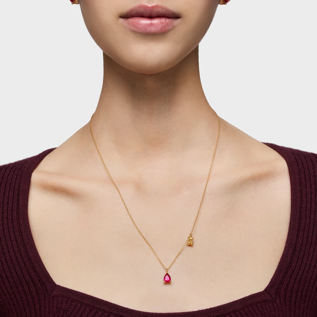Short 18kt gold plating over silver bear motif Necklace with lab-grown ruby Bold Bear LGG