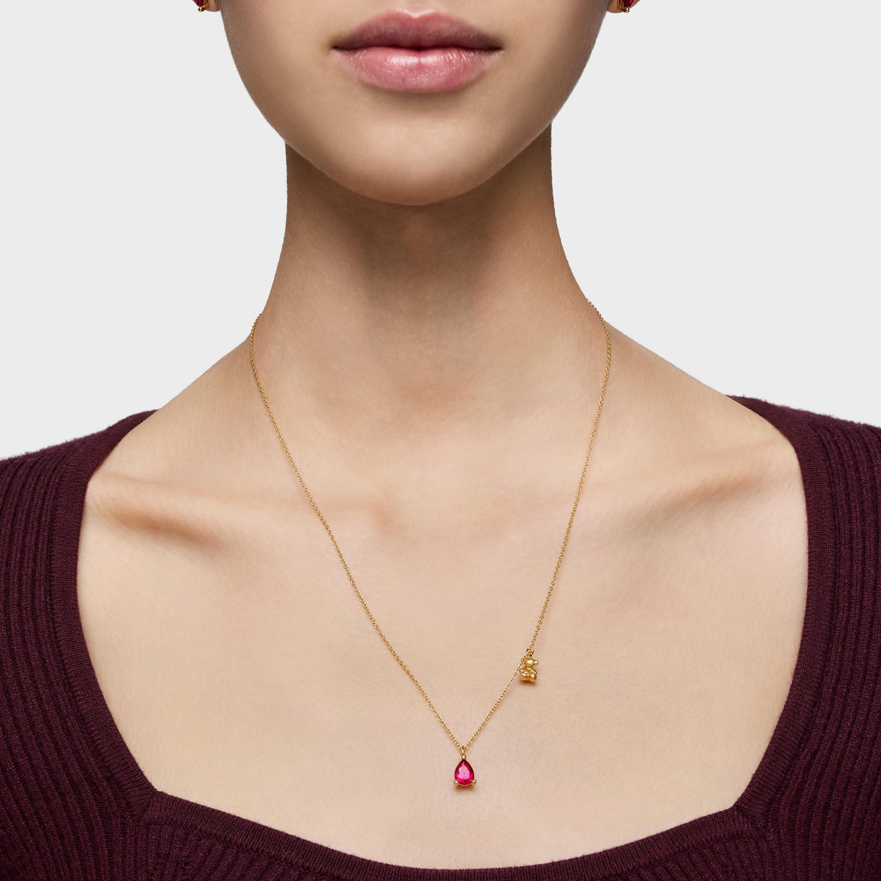 Short 18kt gold plating over silver bear motif Necklace with lab-grown ruby Bold Bear LGG