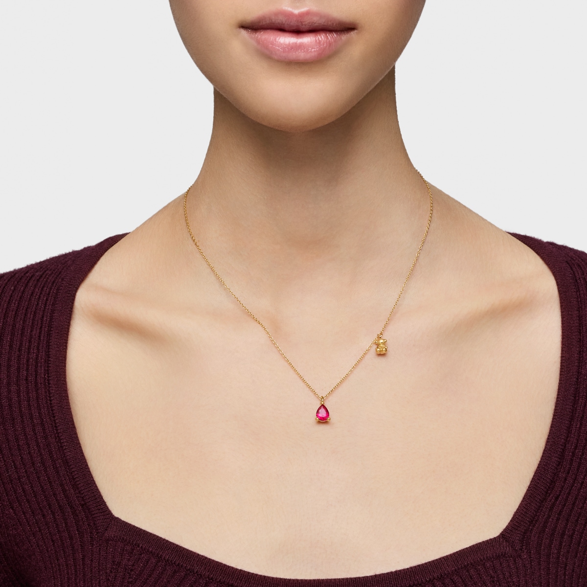 Short 18kt gold plating over silver bear motif Necklace with lab-grown ruby Bold Bear LGG