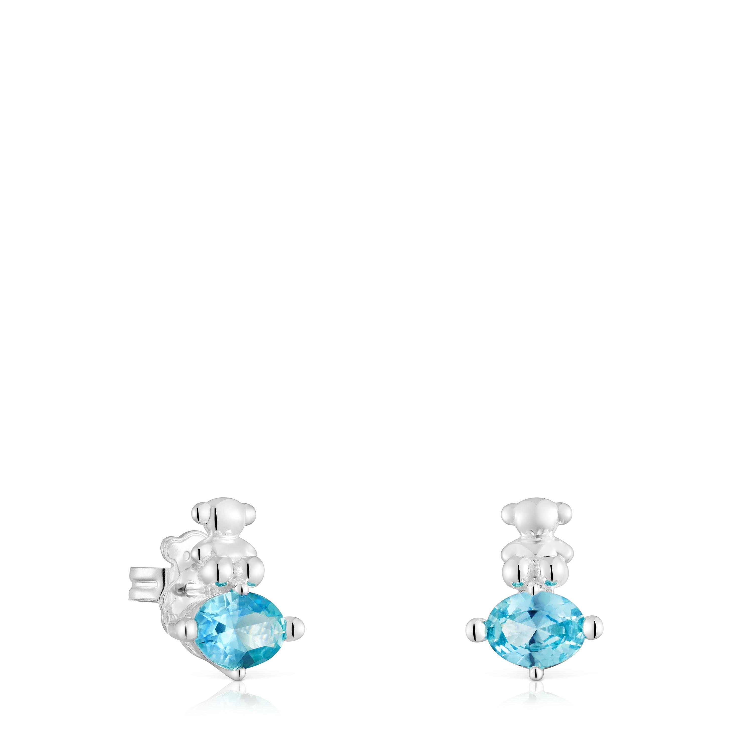 Silver bear motif Earrings with lab-grown blue sapphire Bold Bear LGG