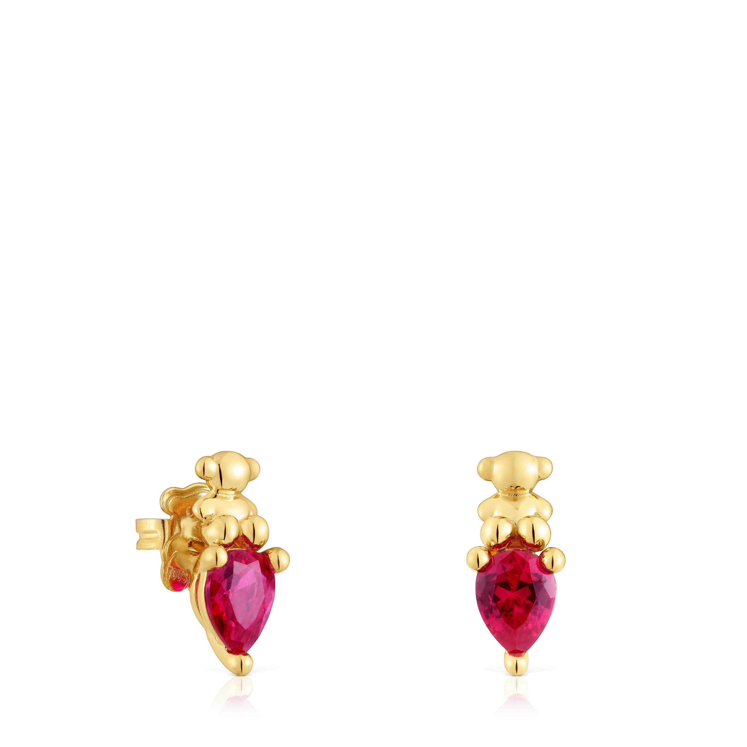 18 kt gold plating over silver bear motif Earrings with lab-grown ruby Bold Bear LGG
