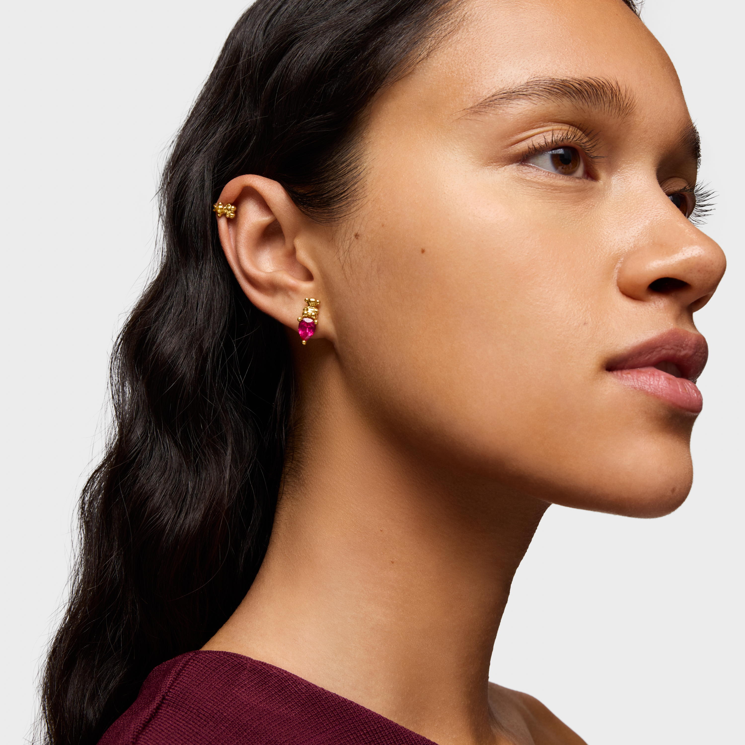 18 kt gold plating over silver bear motif Earrings with lab-grown ruby Bold Bear LGG