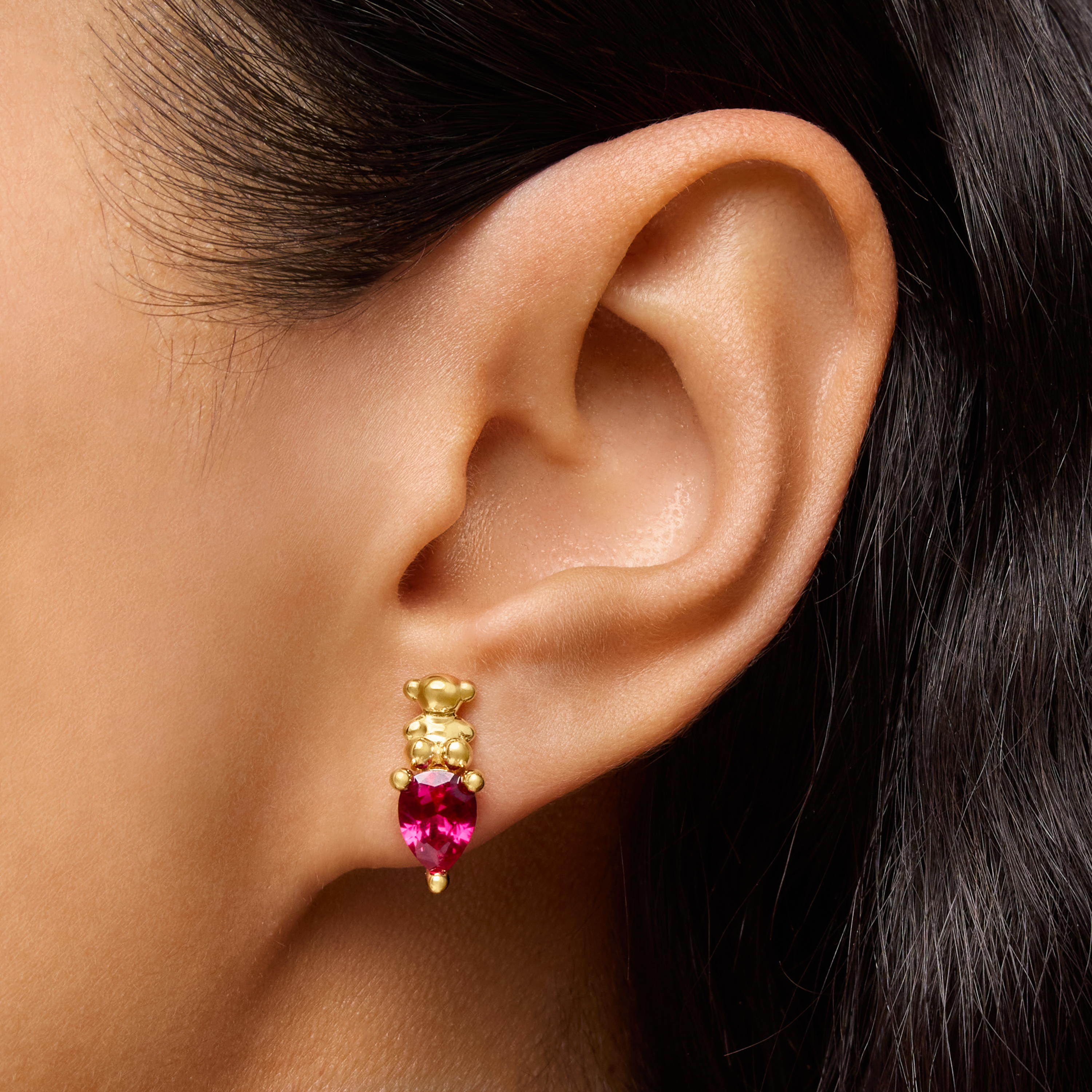 18 kt gold plating over silver bear motif Earrings with lab-grown ruby Bold Bear LGG