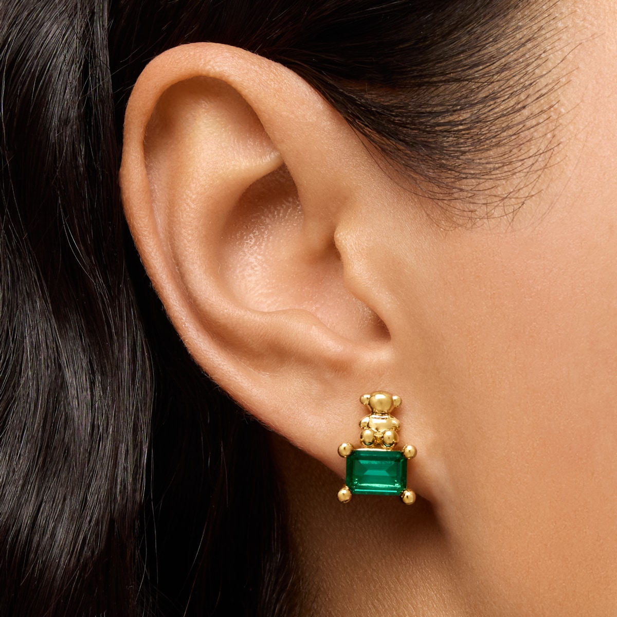 18 kt gold plating over silver bear motif Earrings with lab-grown emerald Bold Bear LGG