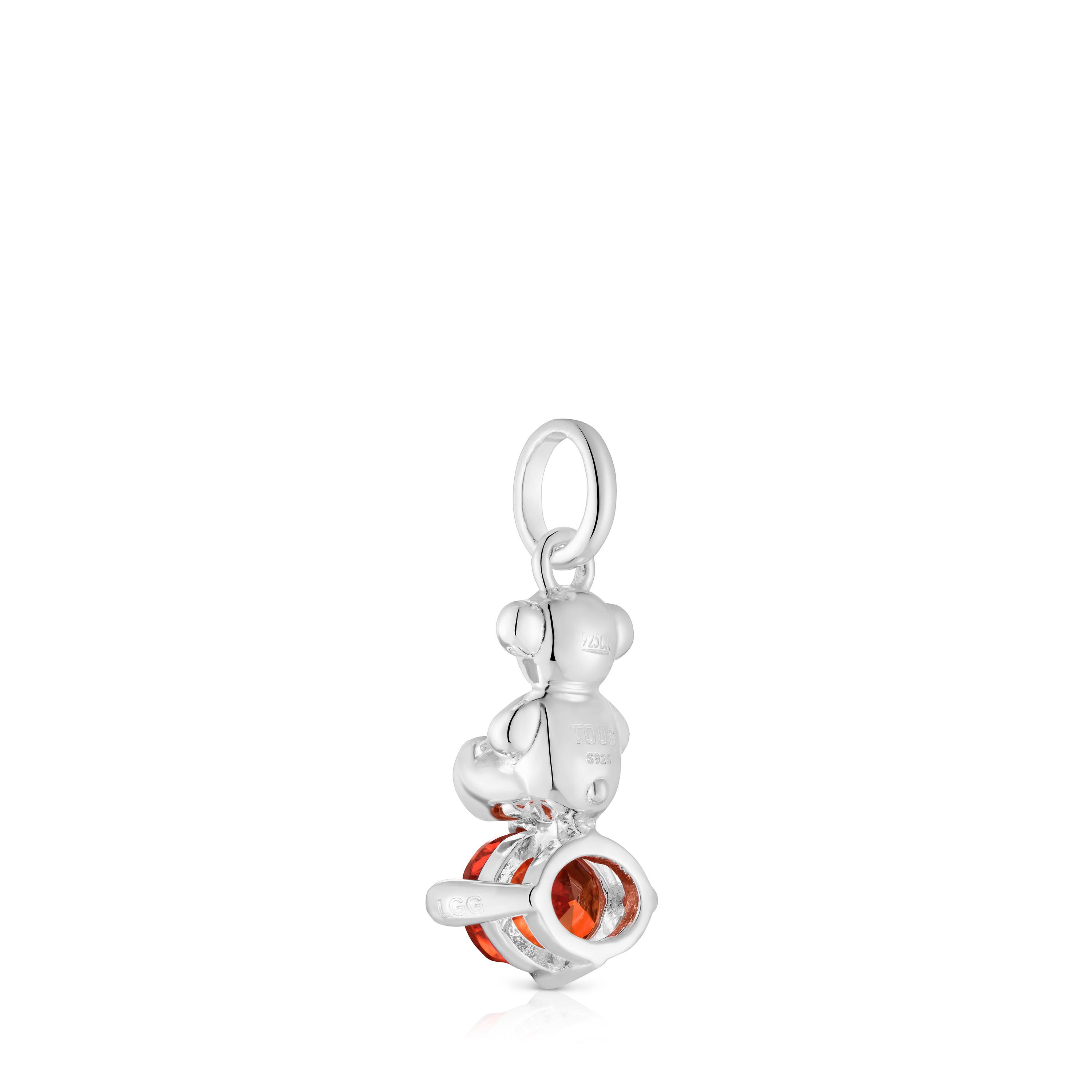 Small silver bear motif Pendant with lab-grown orange