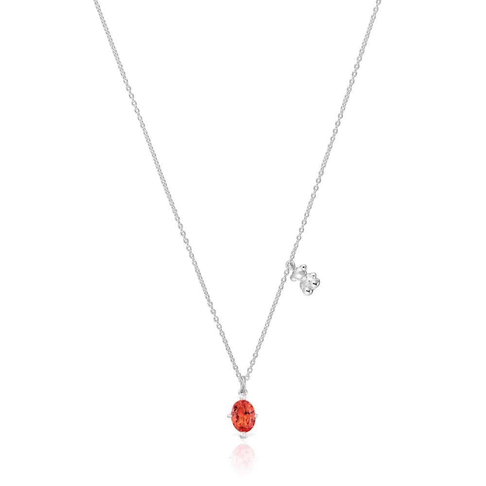 Short silver bear motif Necklace with lab-grown orange sapphire Bold Bear LGG