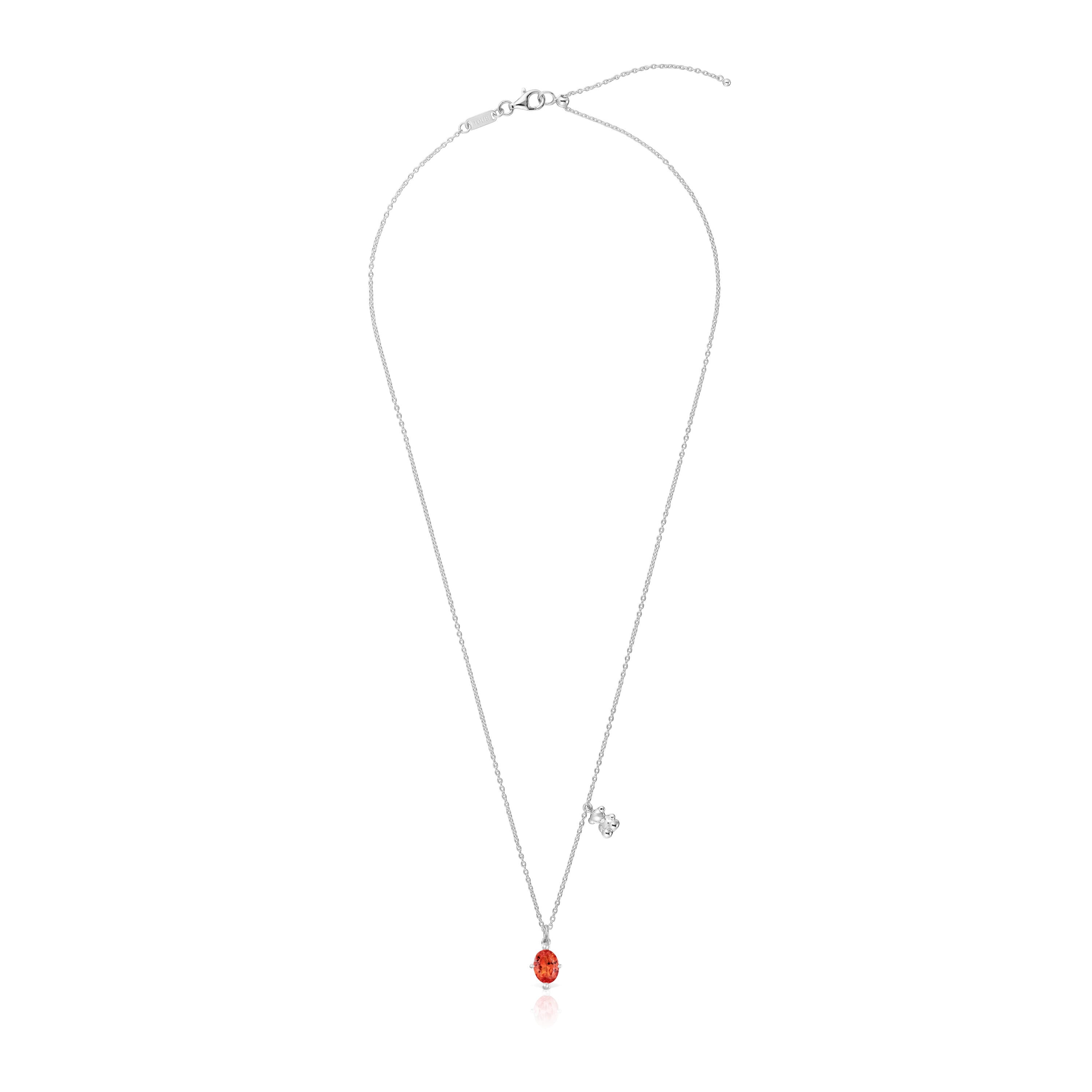 Short silver bear motif Necklace with lab-grown orange