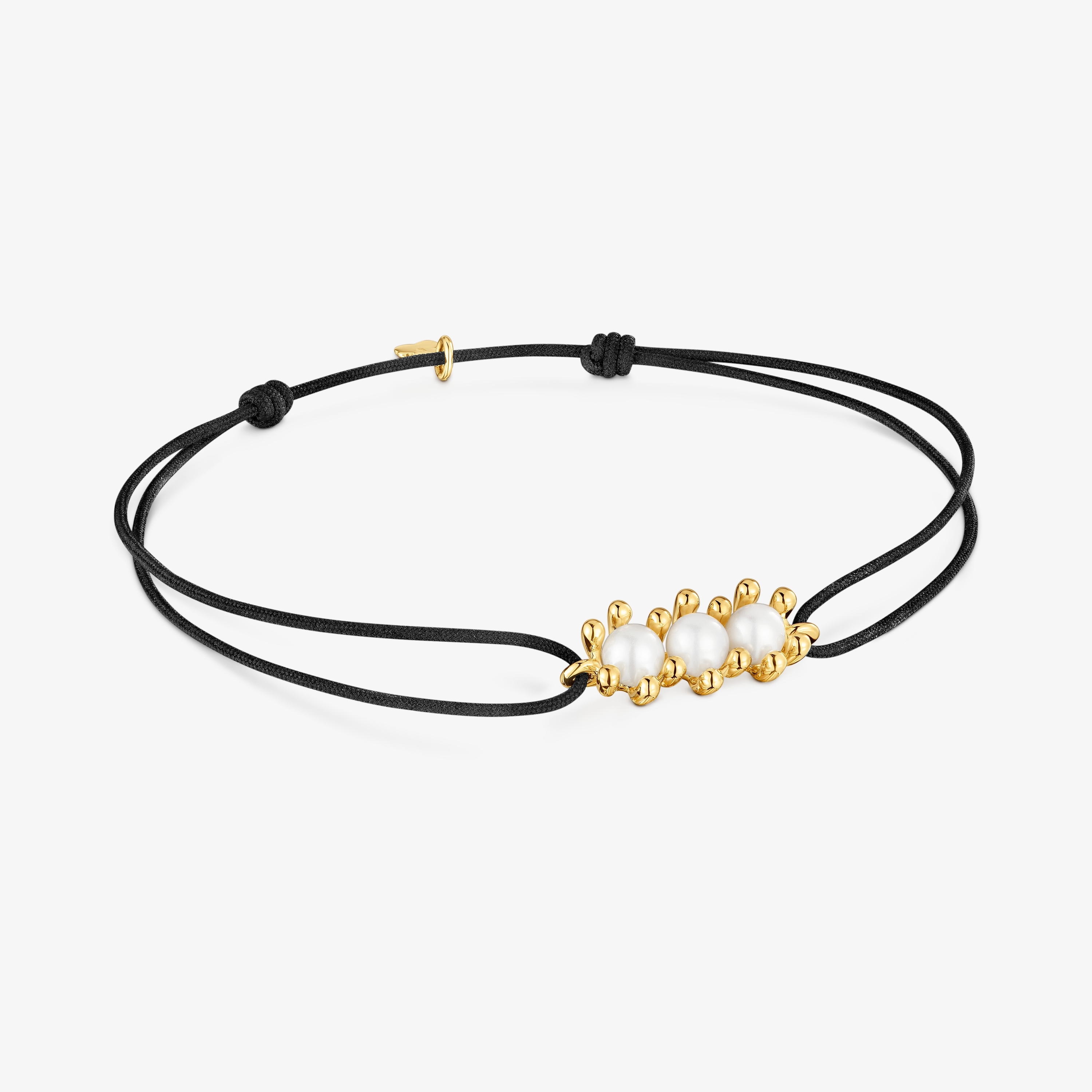 18K solid gold Bracelet with cultured pearls and black nylon Daisy