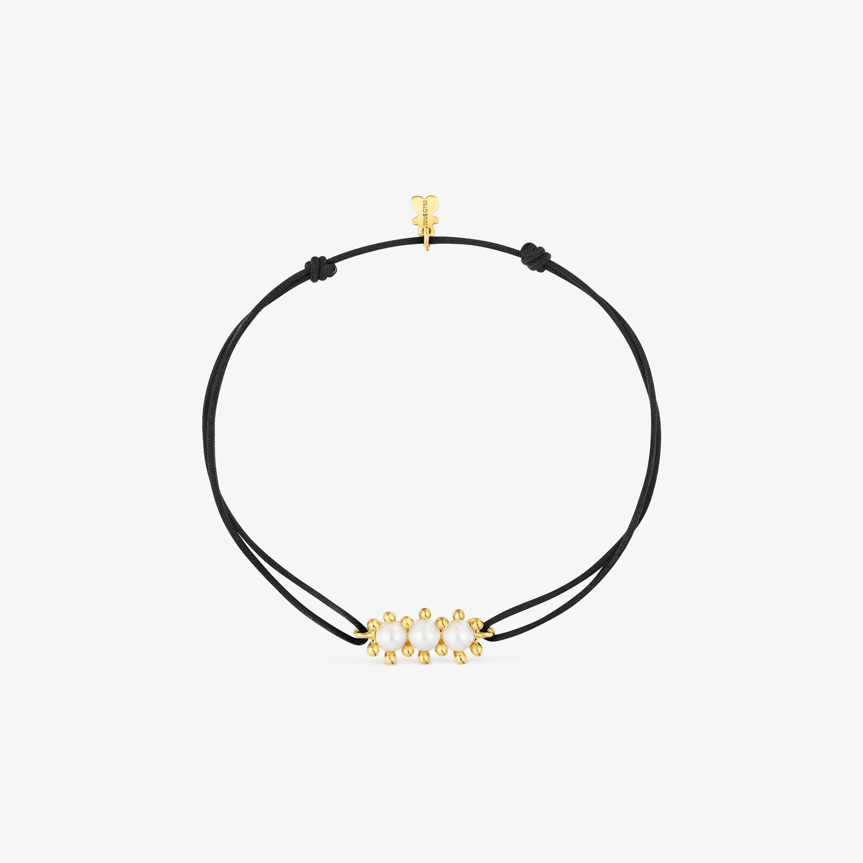 18K solid gold Bracelet with cultured pearls and black nylon Daisy