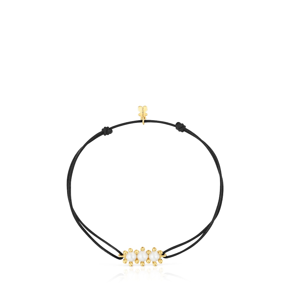 Pulsera de oro, perlas cultivadas y nylon negro Daisy image number 1
